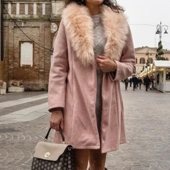 Luxe Dusty Pink Vegan belted Fur Pea coat - Picture 3 of 8